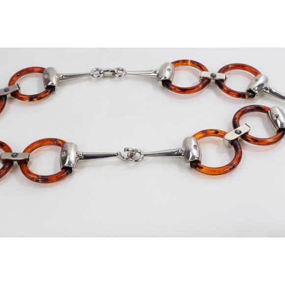 Vintage Silver Tone Metal Link Tortoise Pattern Plastic Chain Belt Size S main image 4